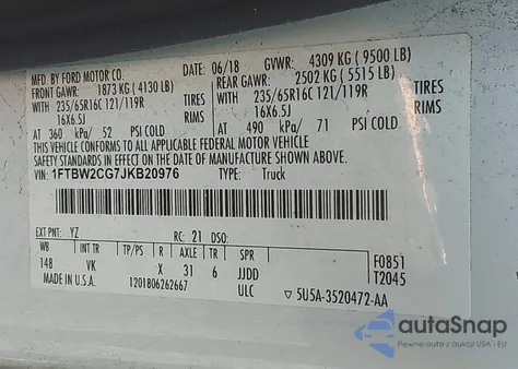 2018 Ford Transit-350 z USA, uszkodzony, nr VIN 1FTBW2CG7JKB20976